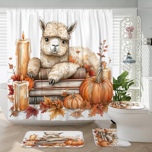 DESIHOM 4PCS Fall Alpaca Llama Shower Curtain Set with Non-Slip Rug and Toilet Lid Cover Mat