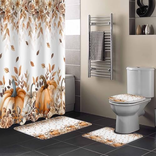 Thanksgiving Pumpkin Shower Curtain Set 4 Pcs Waterproof Fall Decor