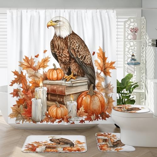 DESIHOM 4PCS Fall Eagle Bird Shower Curtain Set with Hooks