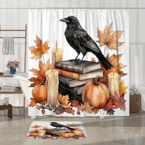 DESIHOM 4PCS Fall Crow Ravens Bird Shower Curtain Set 72x72 with Hooks and Bath Mat Accessories