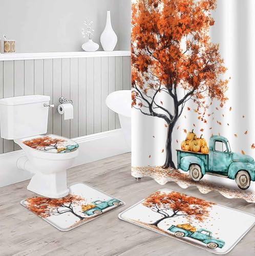 Fall Truck 4 Pcs Waterproof Shower Curtain Set with Non-Slip Rugs and Mats