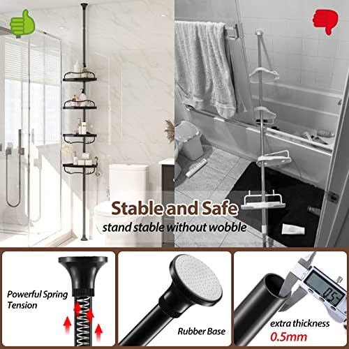 Corner Shower Caddy Tension Pole - 4 Shelves Heavy Duty Floor to Ceiling Organizer Black