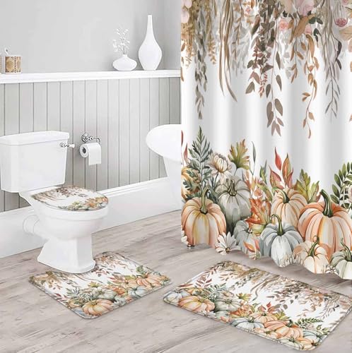 Thanksgiving 4 Pc Shower Curtain Set with Non-Slip Rugs