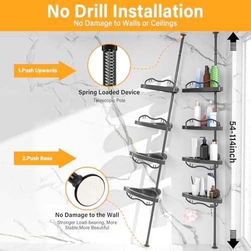 Black Corner Shower Caddy Tension Pole - Heavy Duty Rustproof Stainless Steel Organizer with 4 Adjustable Shelves