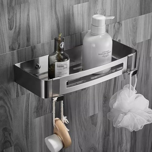 Stainless Steel Shower Caddy with 2 Movable Hooks and Adhesive Mounting
