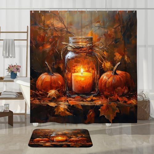 DESIHOM 4PCS Fall Mason Jar Candle Shower Curtain Set with Hooks and Bath Mat
