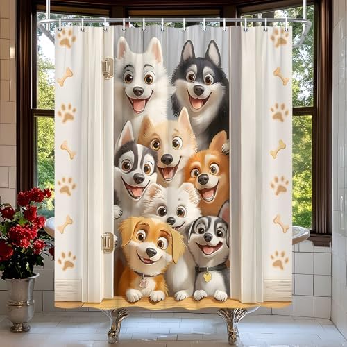 Funny Dogs Shower Curtain Cute Cartoon Animal Paws Print Bone Watercolor Farmhouse Decor