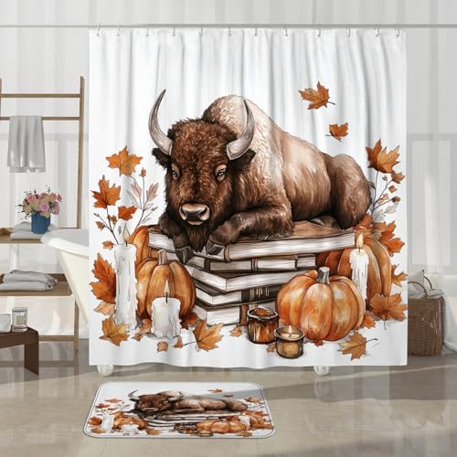 4PCS Fall Bisons Pumpkins Shower Curtain Set with Non-Slip Rug and Toilet Lid Cover Mat