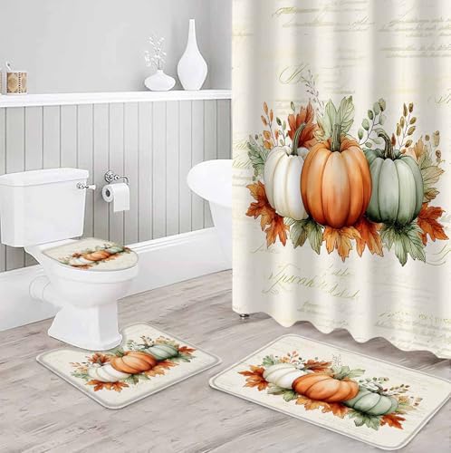 Thanksgiving Green Orange Pumpkin 4 Pc Shower Curtain Set with Non-Slip Rugs