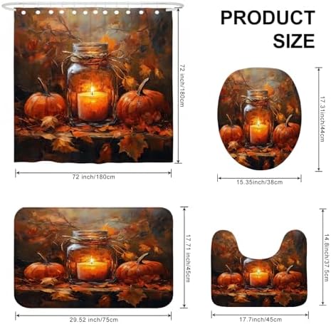 DESIHOM 4PCS Fall Mason Jar Candle Shower Curtain Set with Hooks and Bath Mat