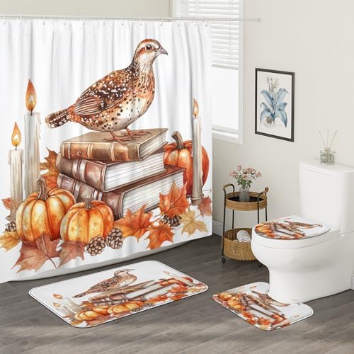 DESIHOM 4PCS Fall Quail Bird Shower Curtain Set with Non-Slip Rug and Toilet Lid Cover Mat