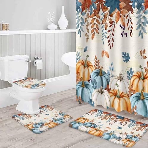 Thanksgiving 4 Piece Shower Curtain Set with Non-Slip Rugs