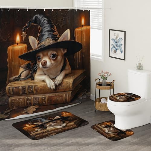 4PCS Halloween Witch Chihuahua Bath Set with Non-Slip Rug