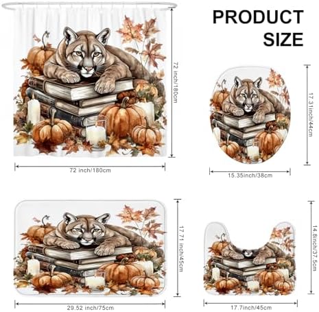 4PCS Fall Cougar Pumpkins Shower Curtain Set with Non-Slip Rug and Toilet Lid Cover Mat