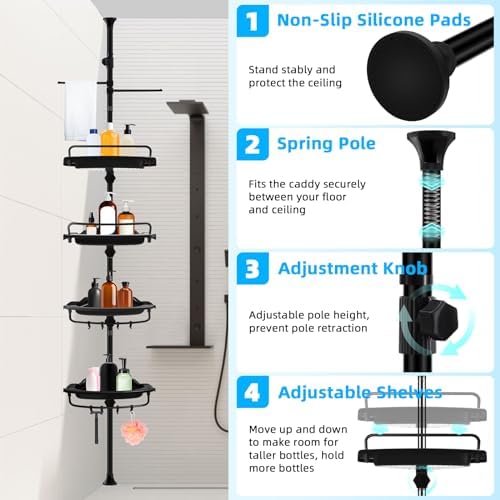 XLHOMO 32-122 Inch Corner Shower Caddy with 4 Tier Shelves 1