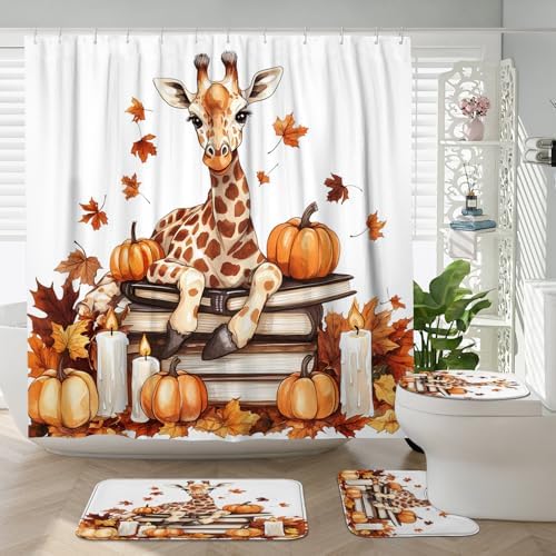 DESIHOM 4PCS Fall Giraffe Pumpkins Shower Curtain Set with Hooks and Non-Slip Rug