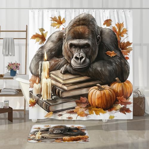 4PCS Fall Chimpanzee Pumpkins Shower Curtain Set with Non-Slip Rug and 12 Hooks