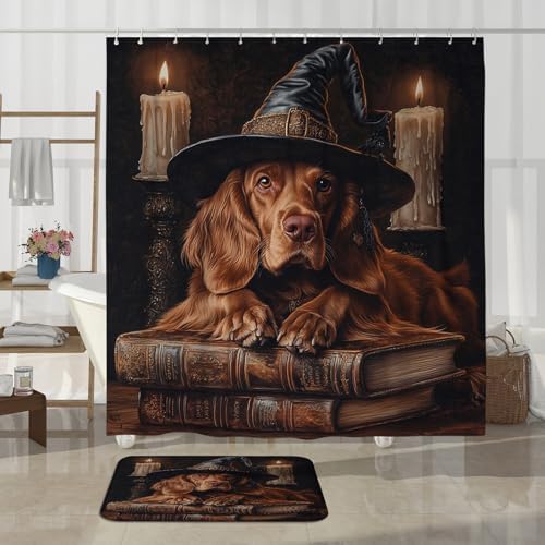 4PCS Halloween Witch Dog Bathroom Set with Non-Slip Rug and U Shape Toilet Cover