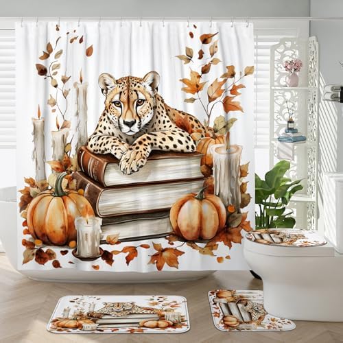 DESIHOM 4PCS Fall Leopards Shower Curtain Set with Hooks and Bath Mat