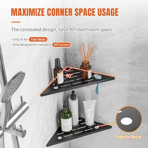 HBXS 10 Inch Black Shower Corner Shelf with Razor Hole 2-Pack