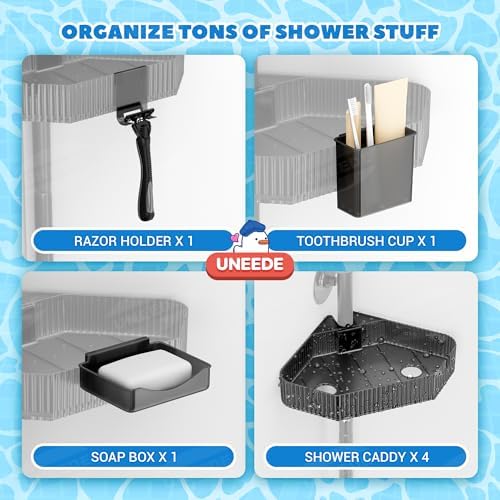 UNEEDE 60in Corner Shower Caddy Pole with 4 Adjustable Tiers