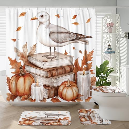 DESIHOM 4PCS Fall Seagull Bird Shower Curtain Set with Non-Slip Rug and Toilet Lid Cover Mat