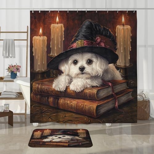 4PCS Halloween Witch Maltese Dog Bath Set with Non-Slip Rug