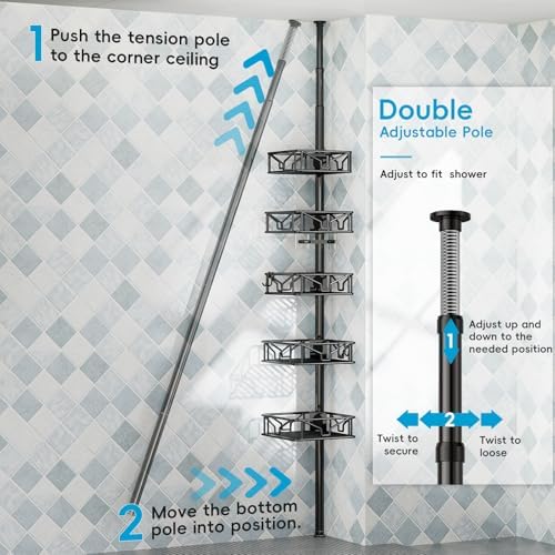 Skycarper 5 Tier Adjustable Corner Shower Caddy Organizer with Hooks Black