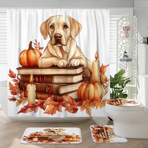 DESIHOM 4PCS Fall Dog Shower Curtain Set with Non-Slip Rug and Hooks