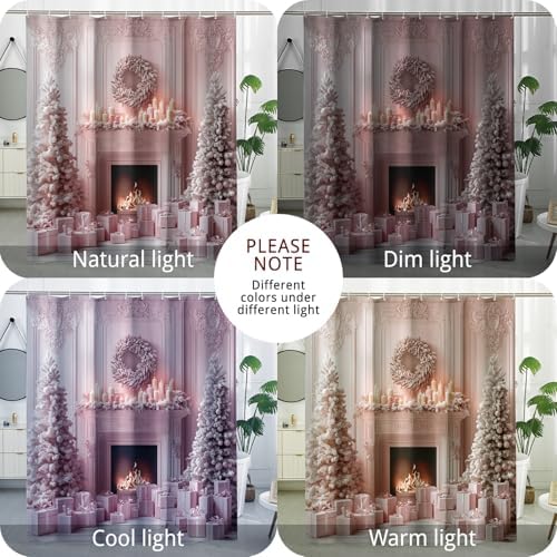 DESIHOM Christmas Tree Fireplace Pink Shower Curtain Set - 72 Inch