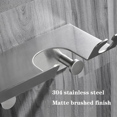 Brushed Stainless Steel Bathroom Rack with 4 Hooks and Hair Dryer Holder