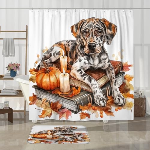 DESIHOM 4PCS Fall Catamounts Leopard Shower Curtain Set with Non-Slip Rug and Toilet Lid Cover Mat