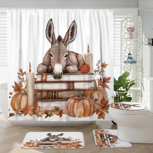 DESIHOM 4PCS Fall Donkey Shower Curtain Set 72x72 with Hooks