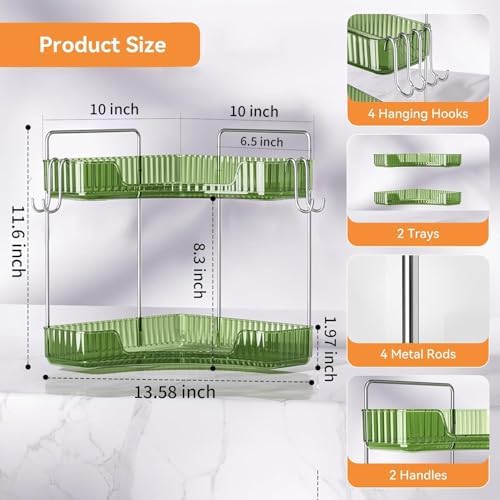 2 Tier Corner Bathroom Organizer with Hooks and Trays Green