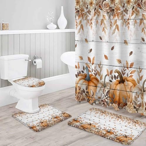 Fall Pumpkin 4 Pcs Waterproof Shower Curtain Set with Non-Slip Rugs and Mats
