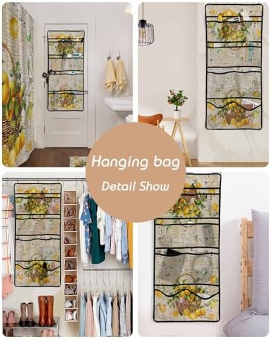 Yellow Lemon Green Leaf Shower Curtain Organizer Set with Hooks