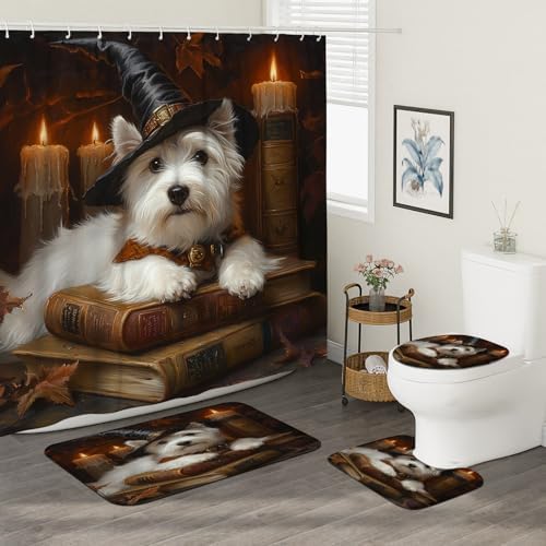 4PCS Halloween Witch Dog Bathroom Set with Non-Slip Rug and U Shape Toilet Lid Cover Mat