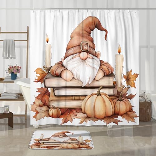 DESIHOM 4PCS Fall Gnome Shower Curtain Set with Non-Slip Rug and Toilet Lid Cover Mat