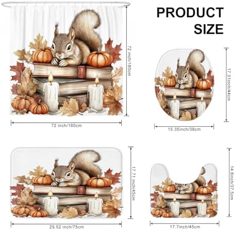 DESIHOM 4PCS Fall Squirrel Shower Curtain Set with Non-Slip Rug and Toilet Lid Cover Mat