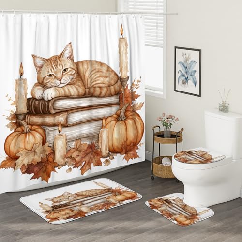 DESIHOM 4PCS Fall Cats Kitten Shower Curtain with Hooks and Non-Slip Rug