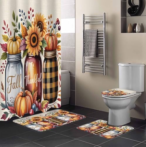 Thanksgiving Fall 4 Pc Shower Curtain Set with Non Slip Rugs
