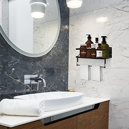 Evron Black Metal Shower Caddy with Hooks and Towel Bar