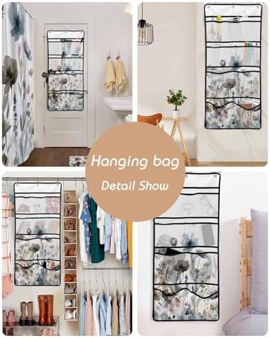 Watercolor Botanical Flower Shower Curtain with 10 Pocket Organizer and Hooks