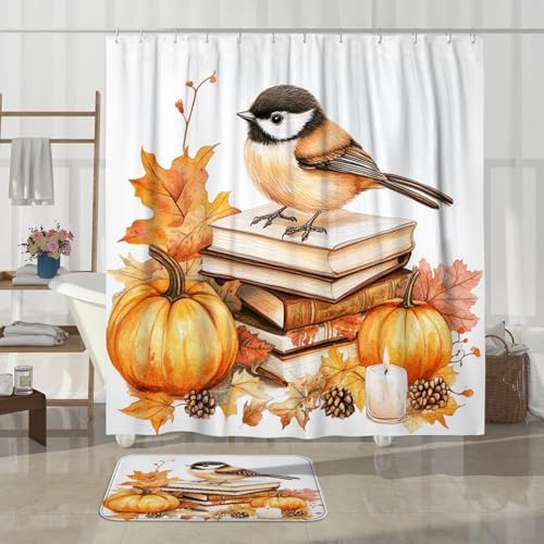 DESIHOM 4PCS Fall Chickadees Bird Shower Curtain Set with Non-Slip Rug and Hooks
