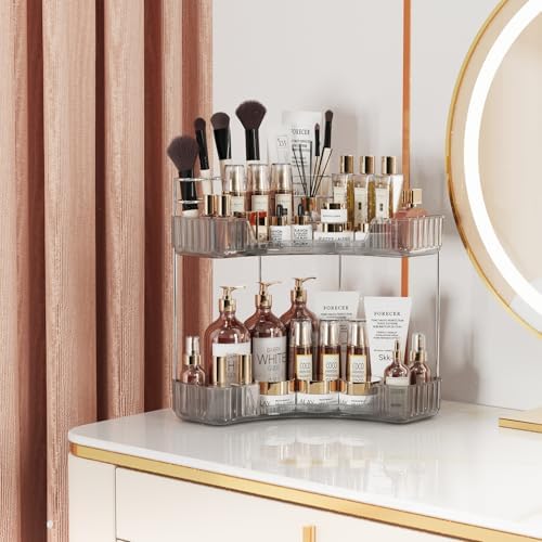 2-Tier Corner Bathroom Organizer with Toothbrush Holder and Makeup Stand