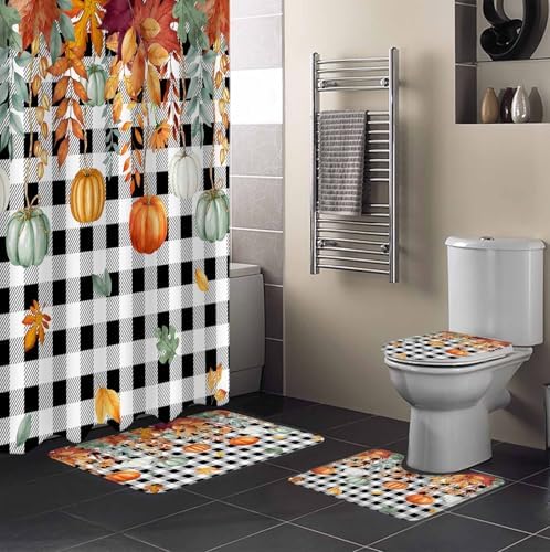 Thanksgiving Pumpkin 4 Pc Shower Curtain Set with Non-Slip Mats