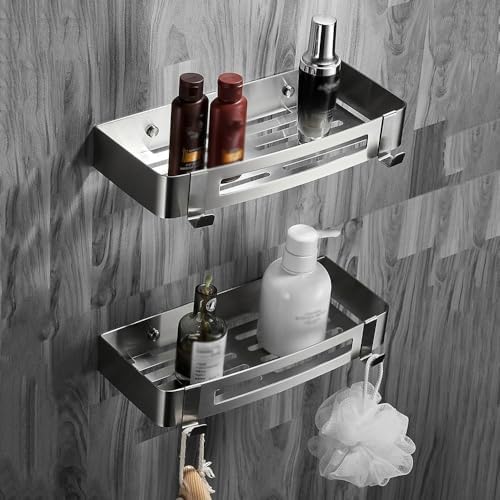 Stainless Steel Shower Caddy with 2 Movable Hooks and Adhesive Mounting