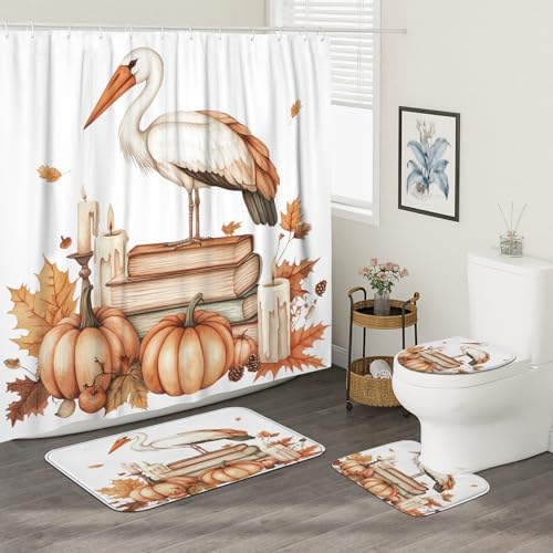 DESIHOM 4PCS Fall Storks Bird Shower Curtain Set with Hooks Non-Slip Rug U Shape Toilet Lid Cover Mat