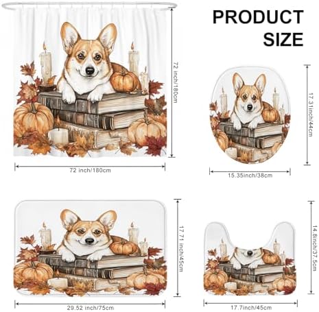 DESIHOM 4PCS Fall Corgi Dog Shower Curtain Set with Non-Slip Rug and Hooks