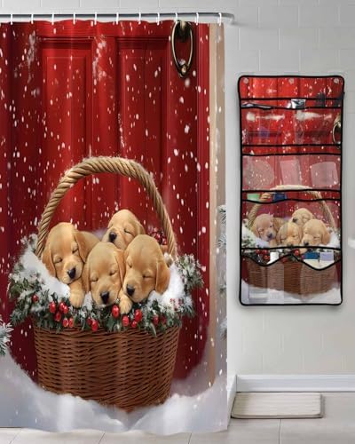 Red Winter Snow Shower Curtain with 10 Pockets